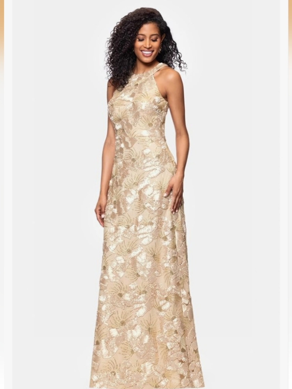 Xscape Gold Metallic Lace Halter Maxi Dress